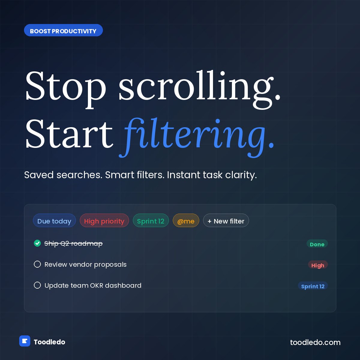 toodledo's tweet image. Stop scrolling through 200 tasks. Start filtering.
Advanced filters + saved searches = instant clarity. Available on every Toodledo plan, including Free.
Try it → toodledo.com
#TaskManagement #Filters #ProductivityHack