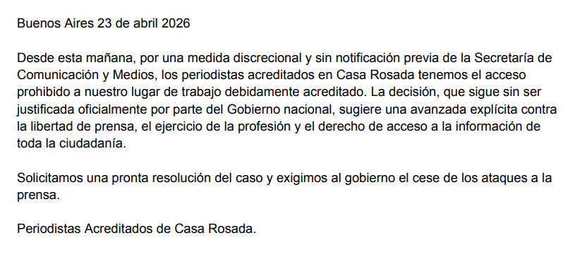 javisluk's tweet photo. La libertad de prensa está consagrada en el artículo 14 de la Constitución Nacional.

Comunicado de los periodistas acreditados en Casa Rosada, a los que nos prohibieron el ingreso a partir de hoy 👇 https://t.co/WLCT4ACDhE