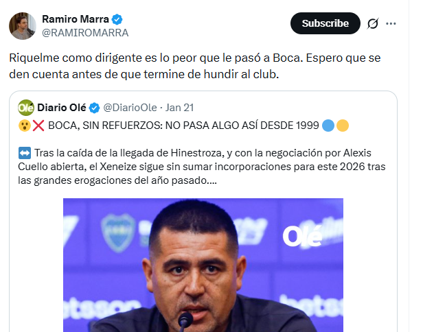A tu amigo que en cada mercado de pases se desespera, mandale esto...

¿Vieron que no es tan importante si los refuerzos llegan el 1 de enero o en febrero? Basta con mirar cómo está River hoy.

Solo quieren hacerte entrar en su juego para desestabilizar a Boca.