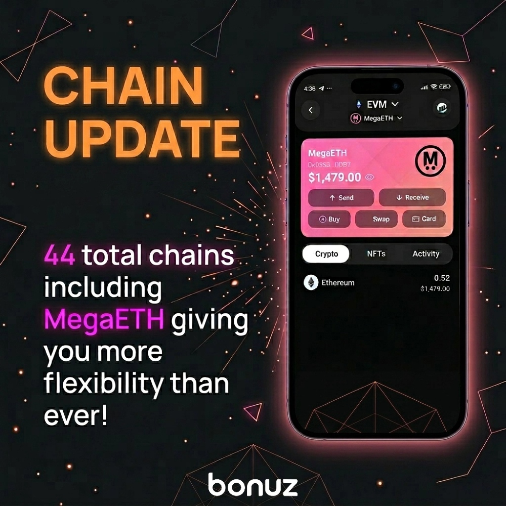 BonuzMarket's tweet image. New chains. New possibilities. 🚀
44 fresh EVM integrations, including MegaETH, just landed! 
Yes, swap, cross-swap, whatever! More flexibility, faster moves, more control over your crypto game. 
Update? It’s an upgrade🔥

#bonuz #CryptoWallet #Web3 #Ethereum #MegaETH