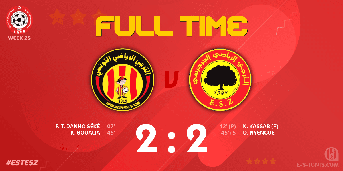 ESTuniscom's tweet photo. ⏱ FT | #Ligue1Tn🇹🇳 Week 25 #ESTESZ | @ESTuniscom 2⃣-2⃣ #ESZarzis : End of the match / نهاية المباراة / Fin du match https://t.co/wsY1Q3ZmW0