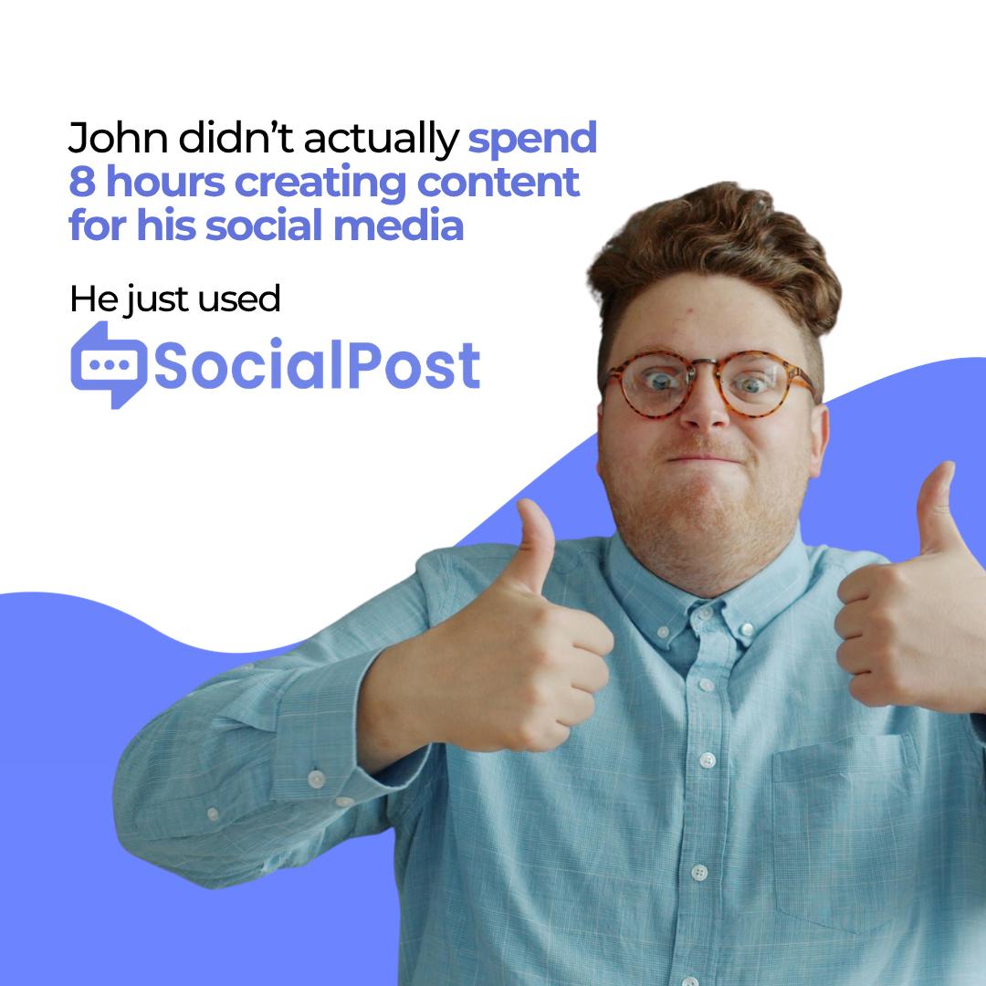 SocialPostAI's tweet photo. 8 hours of content creation. Or 8 minutes with SocialPost. Most people don't realize how much time they're losing to manual content creation, writing, designing, scheduling, repeat. John found a smarter way. So can you. Try SocialPost, it's free for life! https://t.co/89RoxegJg4