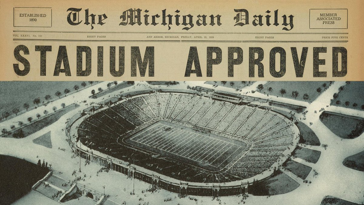 The construction of a new University of Michigan stadium is approved.

When completed, it is expected to be the largest stadium on Earth.