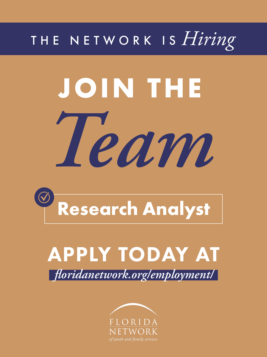 FloridaNetwork1's tweet photo. Looking to use your data skills to support meaningful work across Florida? The Florida Network of Youth and Family Services is hiring a Research Analyst to join our statewide team. 

This role includes working with systems such as JJIS and NetMIS, producing reports, and providing technical assistance to partners and member agencies. 

To apply, send your cover letter, resume, salary requirements and three professional references to jobs@floridanetwork.org.