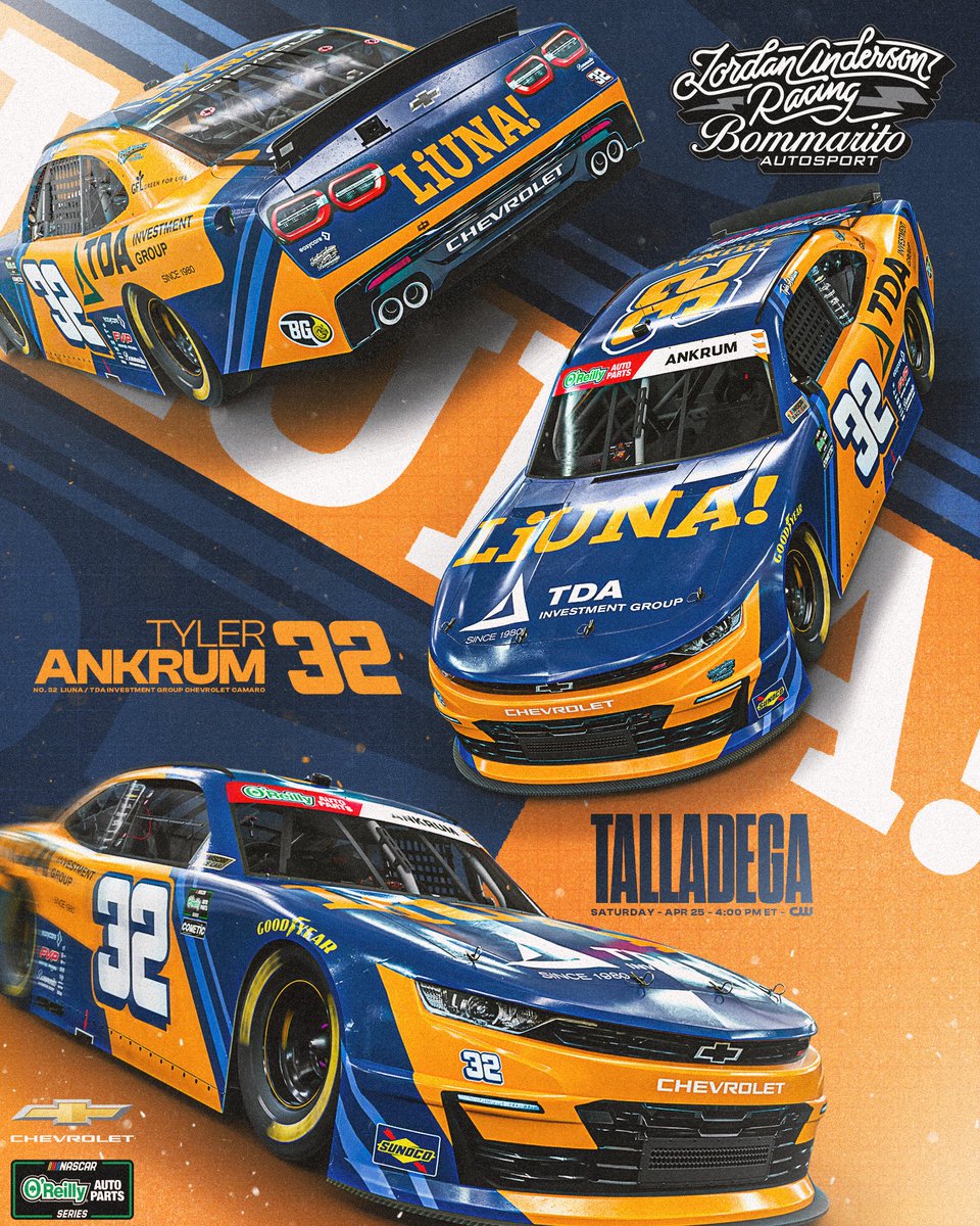 JARnascar's tweet image. Take a look at @TylerAnkrum’s No. 32 Chevrolet that he will be piloting this weekend! 🟠🔵

#NASCAR | @LECET | @LIUNA