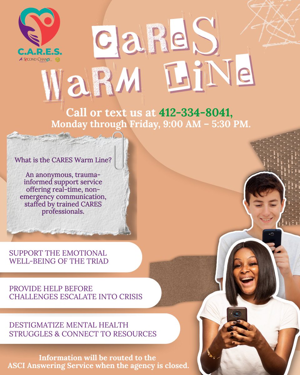 ASCI_Kinship's tweet image. 💛 Need someone to talk to? The CARES Warm Line is here to help! Get real-time, non-emergency support from trained professionals. 🌿 Call or text 412-334-8041, Mon–Fri, 9AM–5:30PM. #MentalHealthMatters #CARES #SupportLine
