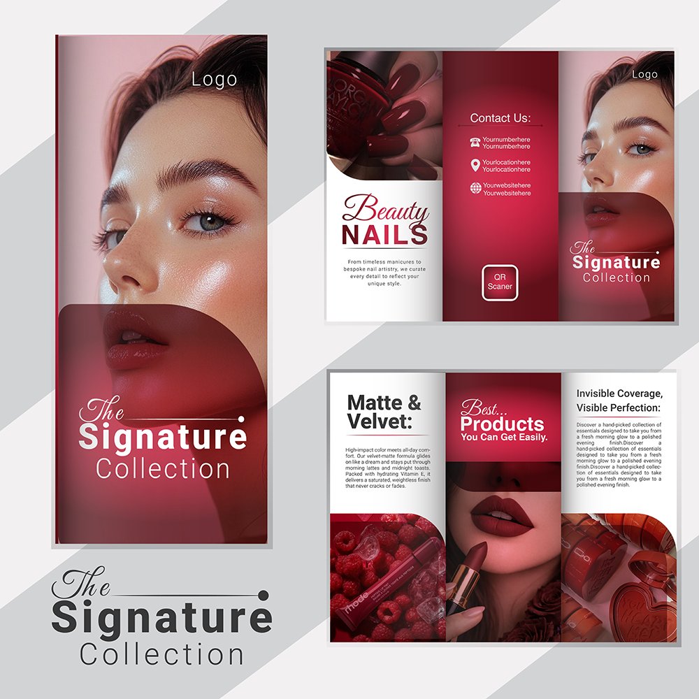 ArifaRichi's tweet image. Deep reds and velvet finishes. ✨ Check out my latest trifold brochure design for The Signature Collection. Aesthetics meet information. 

#TheSignatureCollection #MakeupLovers #BeautyBranding #TrifoldBrochure