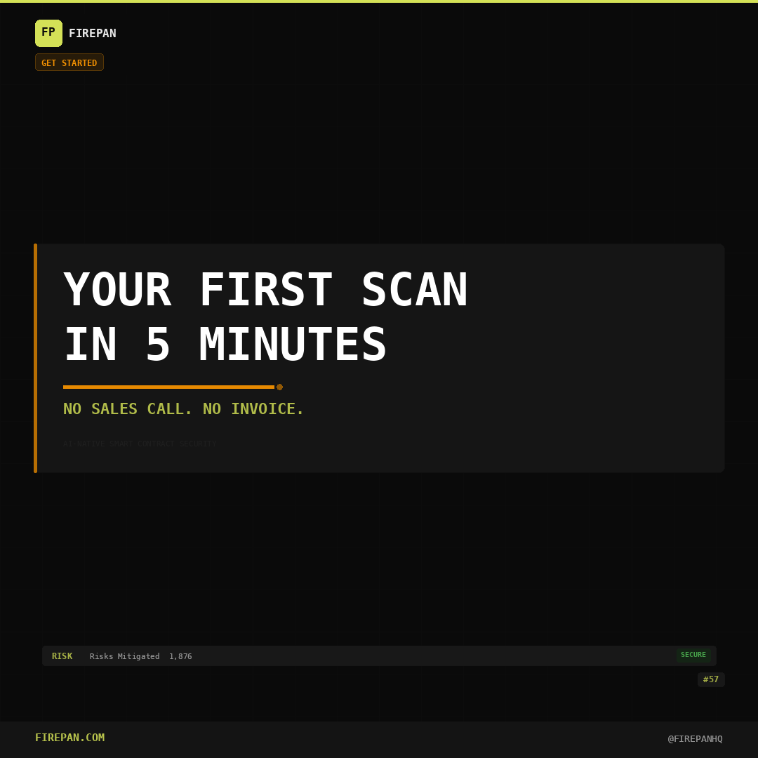 If you're a DeFi founder reading this:

You can have your first Firepan scan running in 5 minutes.

1. Install our GitHub App → github.com/apps/firepan-ai
2. Select your repos
3. See your results

No sales call. No 6-week wait. No $50K invoice.

Just clarity on your code's security