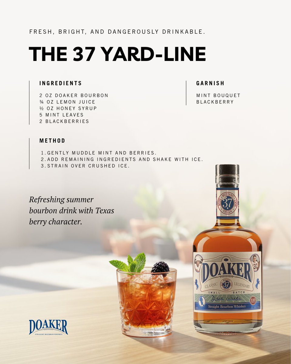 doakerbourbon's tweet image. Every great drive starts at the 37. 🏈

Mix up The 37 Yard-Line — DOAKER Bourbon, lemon, honey, mint &amp;amp; blackberries. Trust the process.

#DOAKERBourbon #SmallBatch #texasbourbon #Bourbonrecipes #CocktailRecipe