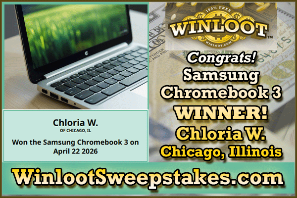 Winloot's tweet image. 💻Chloria W. of Chicago, Illinois, is our lucky winner of the Samsung Chromebook 3 on April 22nd! Congrats!🏆

✔️Enter WinlootSweepstakes: ow.ly/lw4x50YOyIO
100% Free to #win up to $5,000,000!🆓