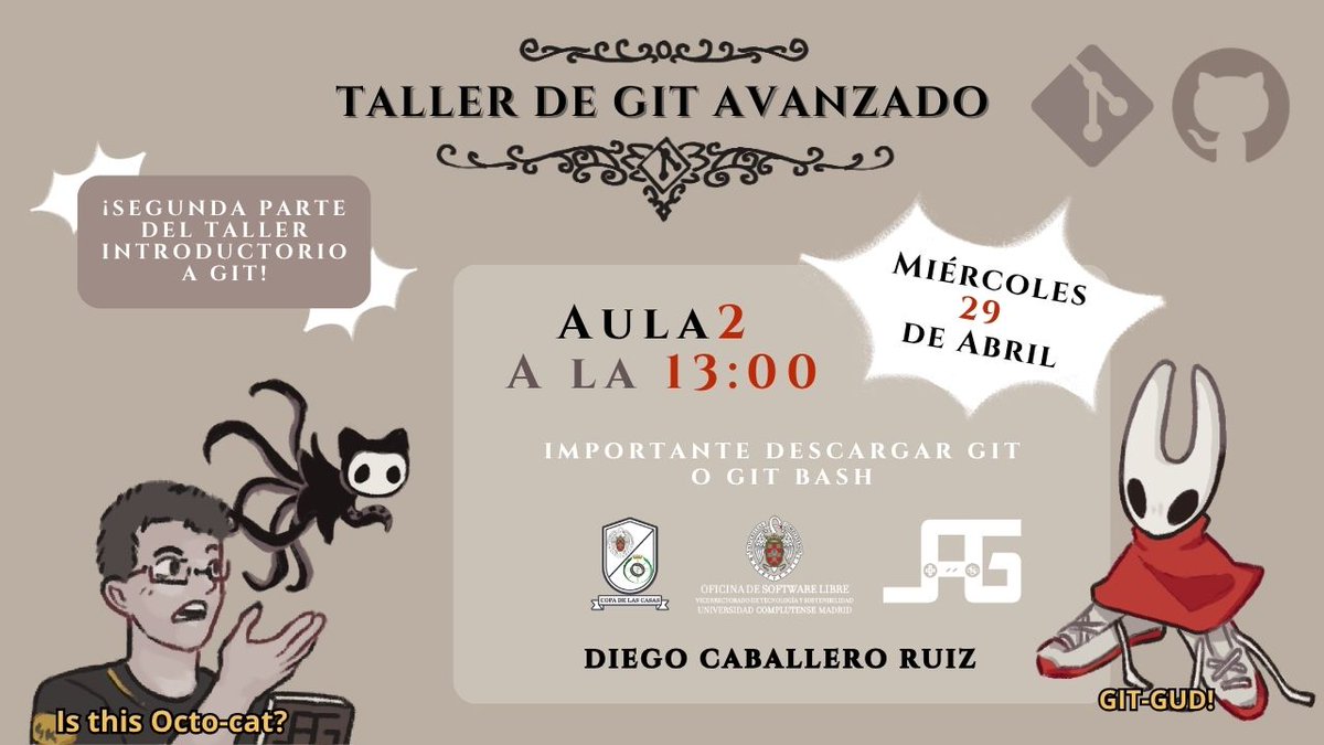 LagFdi's tweet photo. LEVEL UP: GIT AVANZADO 👾

Es hora de enfrentarte a los verdaderos jefes del control de versiones 🧌⚔️

📆 29 de abril | 🕠 13:00 | 📍 Aula 2 FDI
👨‍🏫 Con Diego Caballero Ruiz

⚠️⚠️ IMPORTANTE: Para esta segunda parte es imprescindible traer descargado e instalado Git o Git Bash. https://t.co/B8U8eFZm9v