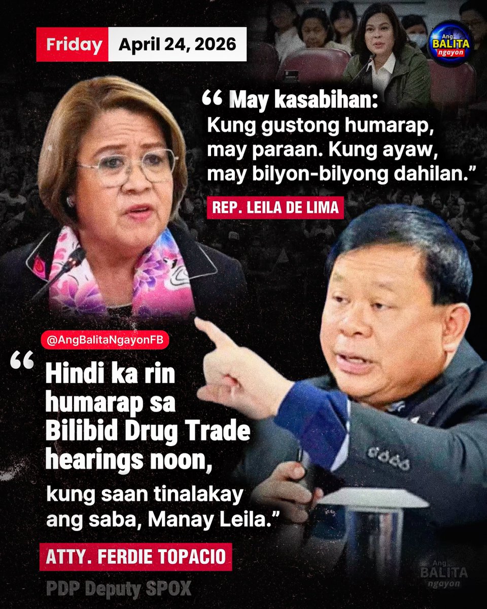TOPACIO, TINIRA SI  DE LIMA: “HINDI KA RIN HUMARAP NOON…”

Umani ng atensyon ang tugon ni PDP Deputy SPOX Atty. Ferdie Topacio sa naging pahayag ni ML Partylist Rep. Leila de Lima kaugnay sa hindi pagdalo ni VP Sara Duterte sa nagpapatuloy na impeachment hearings.

Matatandaang