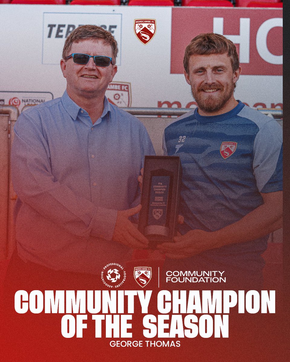 MorecambeFC's tweet image. Now it's over to the @PFA and the @morecambefccf 🤝

George Thomas is our Community Champion of the season 🏆

#UTS 🦐
