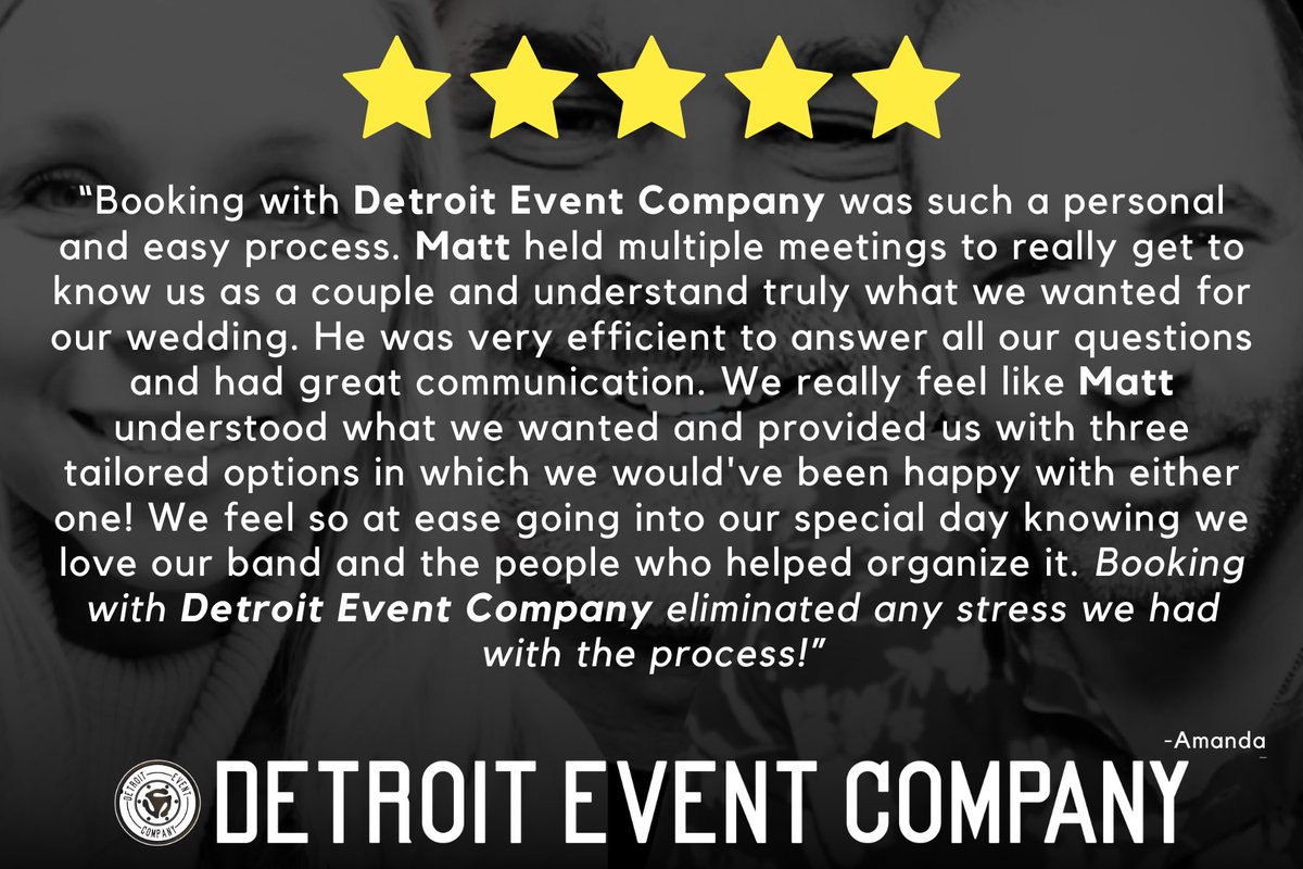 DetroitEventCo's tweet image. Thanks to Amanda for this awesome FIVE STAR REVIEW! Eliminating stress is part of what makes us a FIVE STAR organization, and we'd love to do the same for YOU and YOUR wedding or event!

#livemusic #wedding #weddingday #weddingmusic #weddingplanning