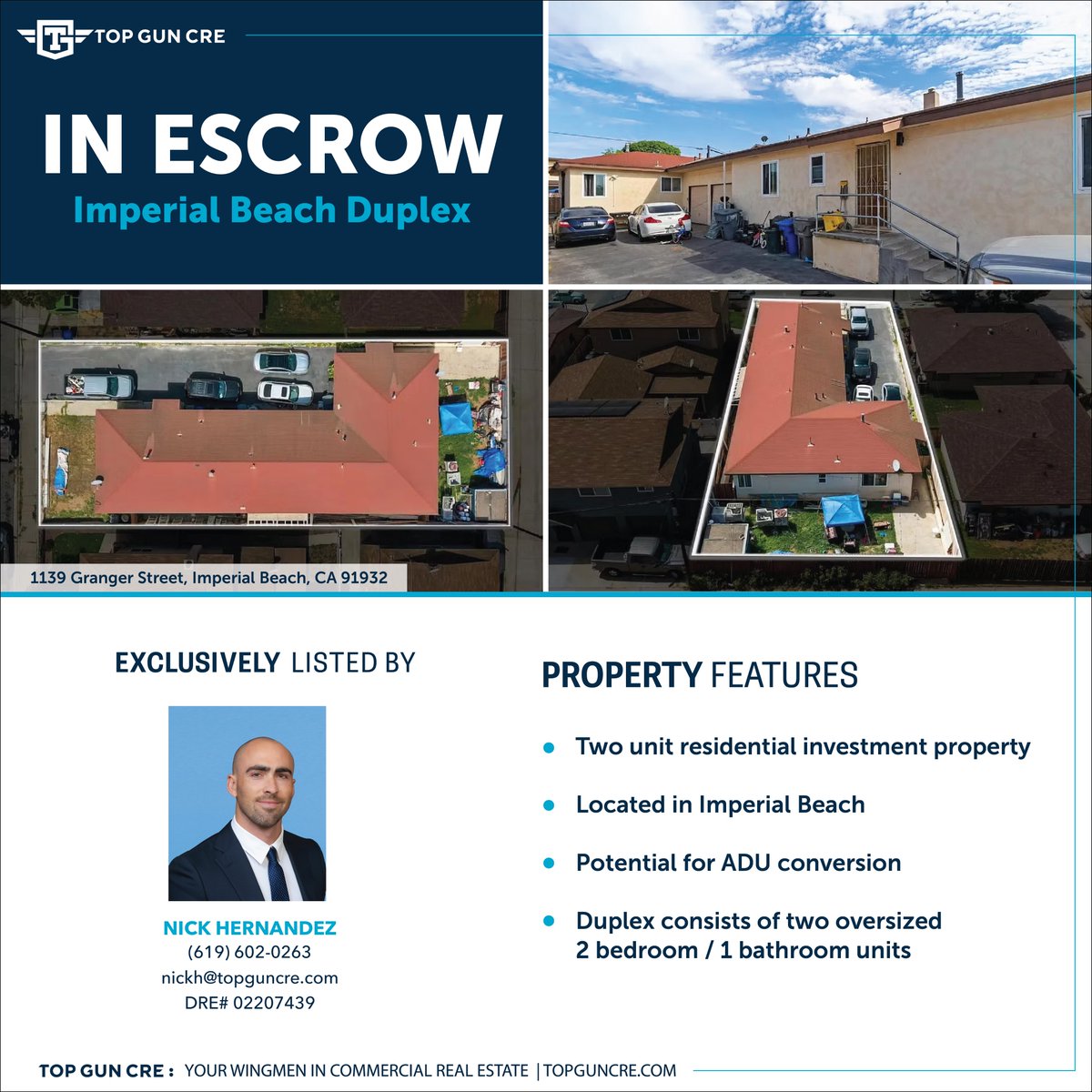 In Escrow | Duplex in Imperial Beach with recent capital improvements

1139 Granger, Imperial Beach, CA 91932

Check out our website for more available properties.
TopGunCRE.com