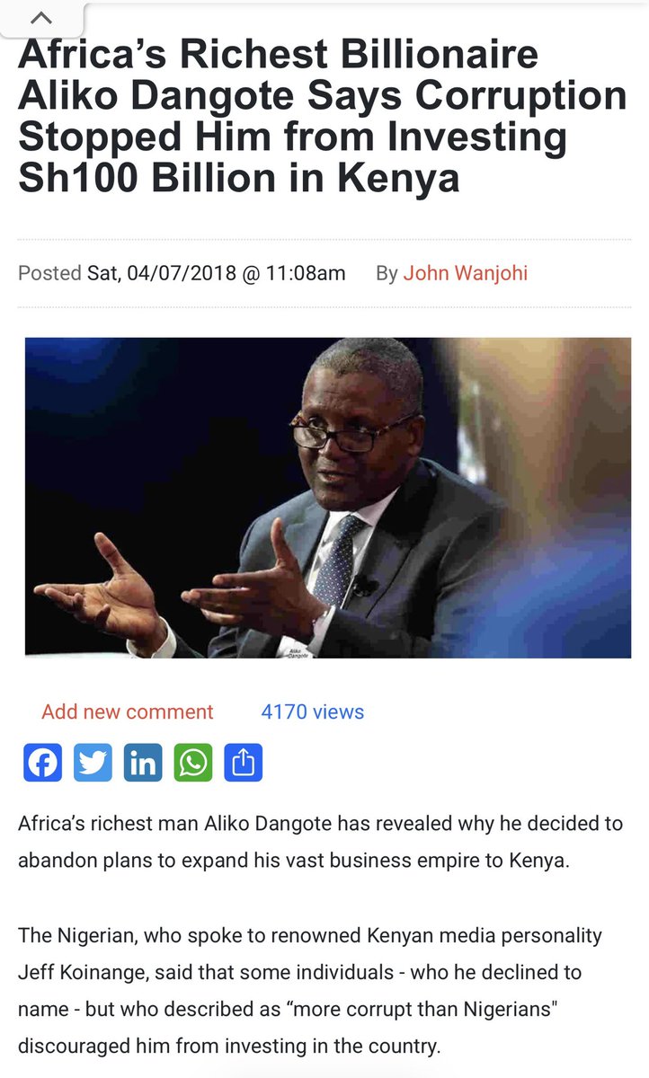 The last time Dangote wanted to build a refinery and cement factory in Kenya, it was widely reported that someone wanted to be given 48% ownership forcing the Nigerian to shelve the plan.

That someone went on to forcefully take over Bamburi Cement factory.

So Dangote’s
