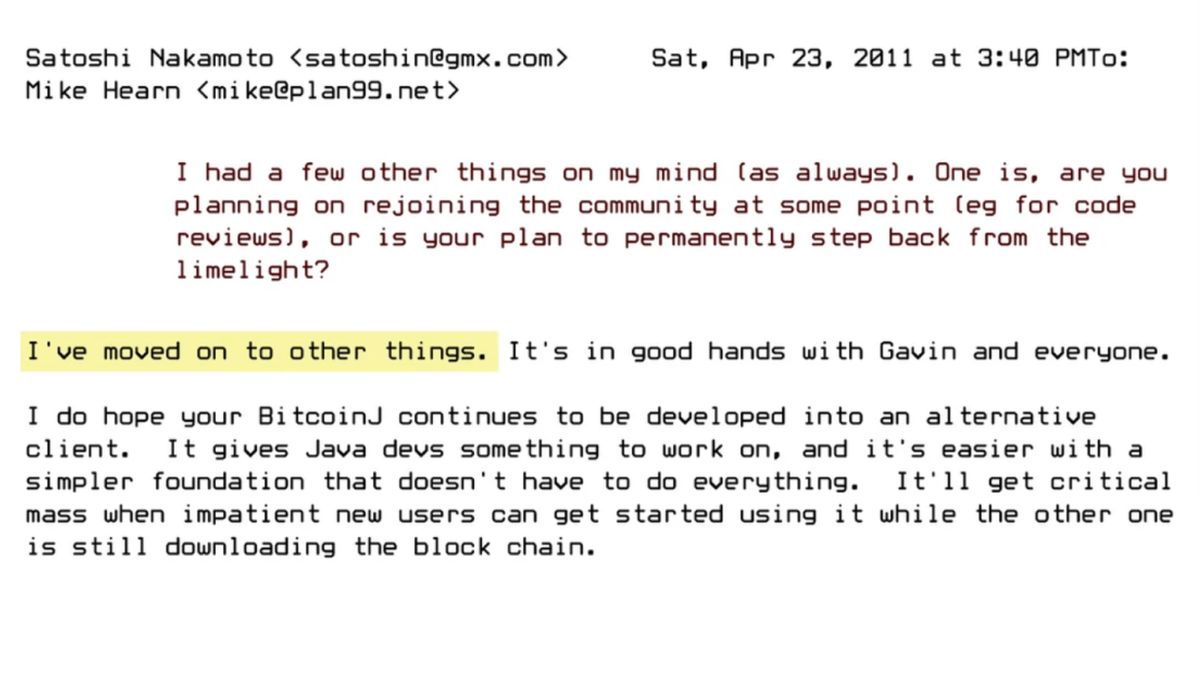YahooFinance's tweet photo. Satoshi Nakamoto left his final message 15 years ago today. https://t.co/62BK97WaBk