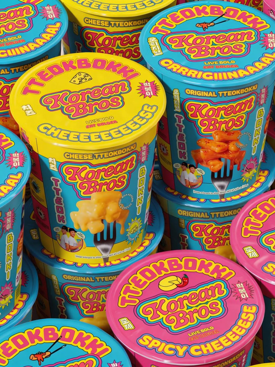 PENTAWARDS's tweet image. Truffl's #packagingdesign for The Korean Bros uses bold, satirical visuals and a custom wordmark inspired by 90s pop culture. A vibrant palette cuts through the typical muted tones of the Korean food aisle. #DailyDesignInspiration