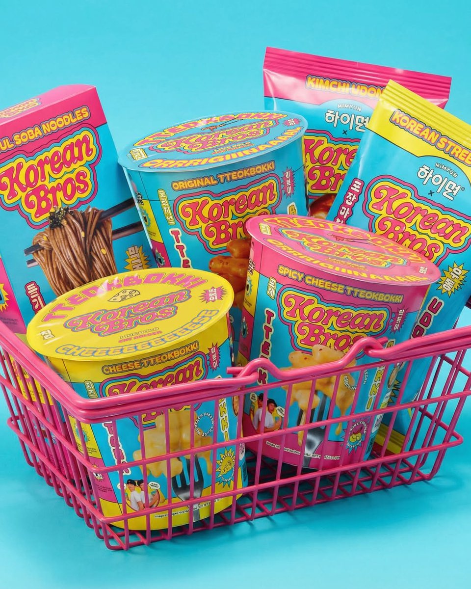 PENTAWARDS's tweet image. Truffl's #packagingdesign for The Korean Bros uses bold, satirical visuals and a custom wordmark inspired by 90s pop culture. A vibrant palette cuts through the typical muted tones of the Korean food aisle. #DailyDesignInspiration