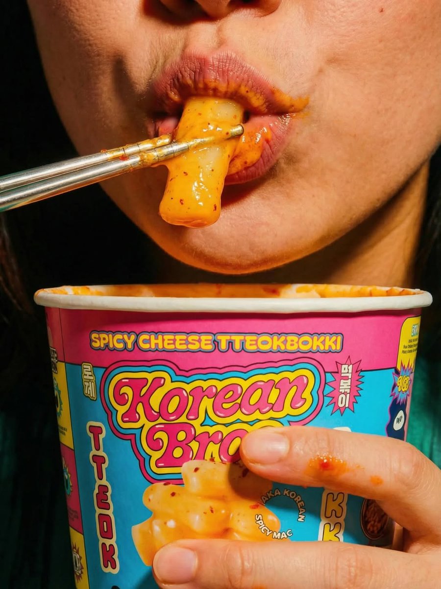 PENTAWARDS's tweet image. Truffl's #packagingdesign for The Korean Bros uses bold, satirical visuals and a custom wordmark inspired by 90s pop culture. A vibrant palette cuts through the typical muted tones of the Korean food aisle. #DailyDesignInspiration