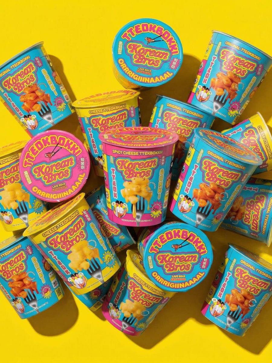 PENTAWARDS's tweet image. Truffl's #packagingdesign for The Korean Bros uses bold, satirical visuals and a custom wordmark inspired by 90s pop culture. A vibrant palette cuts through the typical muted tones of the Korean food aisle. #DailyDesignInspiration