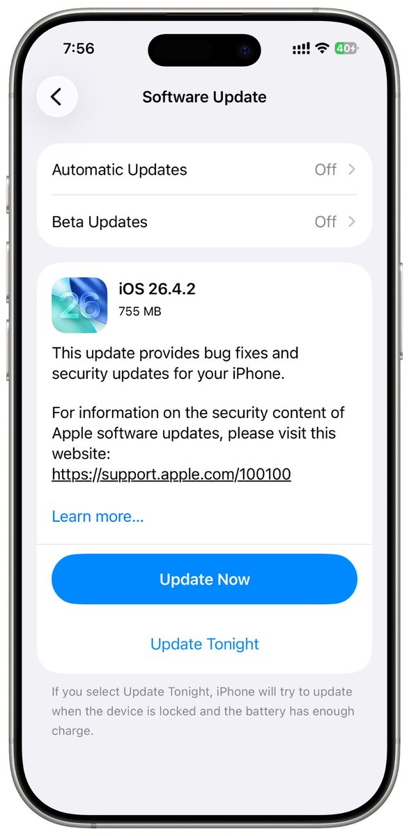 technicalgiki's tweet photo. iOS 26.4.2 update is available for download. https://t.co/9uAYoe0pNp