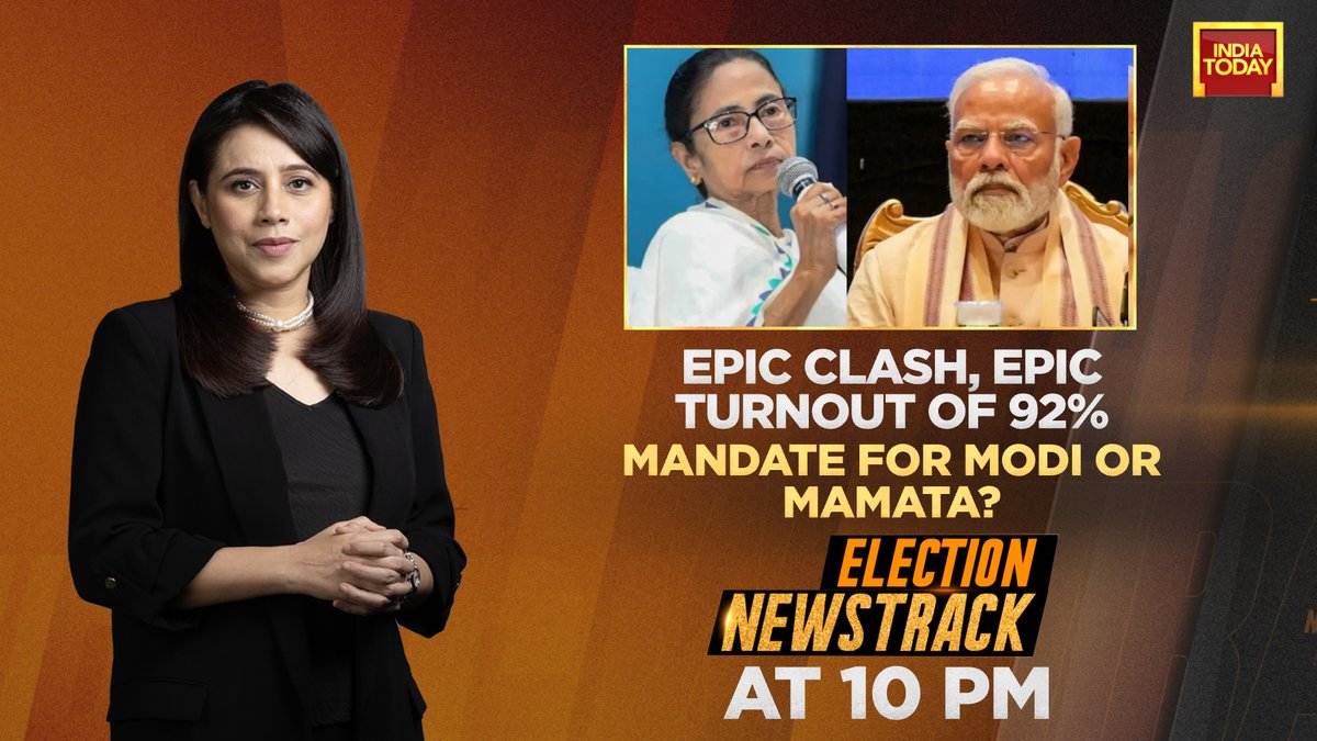 IndiaToday's tweet image. Epic clash, epic turnout of 92% 
Mandate for Modi or Mamata? 

Tune in to #ElectionNewstrack with @MaryaShakil 

#Promo