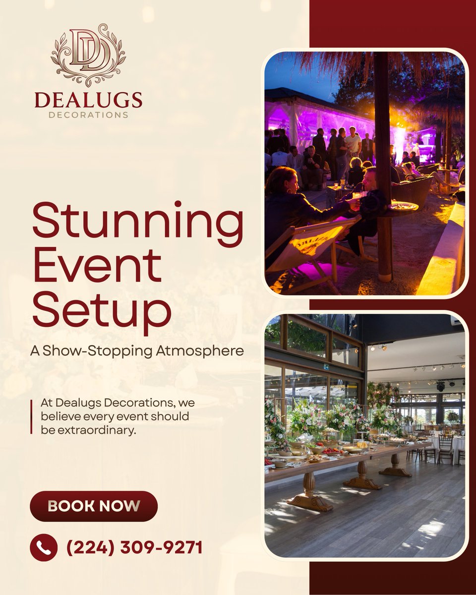dealugs58210's tweet image. At Dealugs Decorations, we believe every event should be extraordinary. Our Event Setup and Stage Decoration services are designed to elevate any occasion, from corporate gatherings to private parties. #EventSetup #DealugsDecorations #LuxuryEvents #StageDecoration #EventDesign