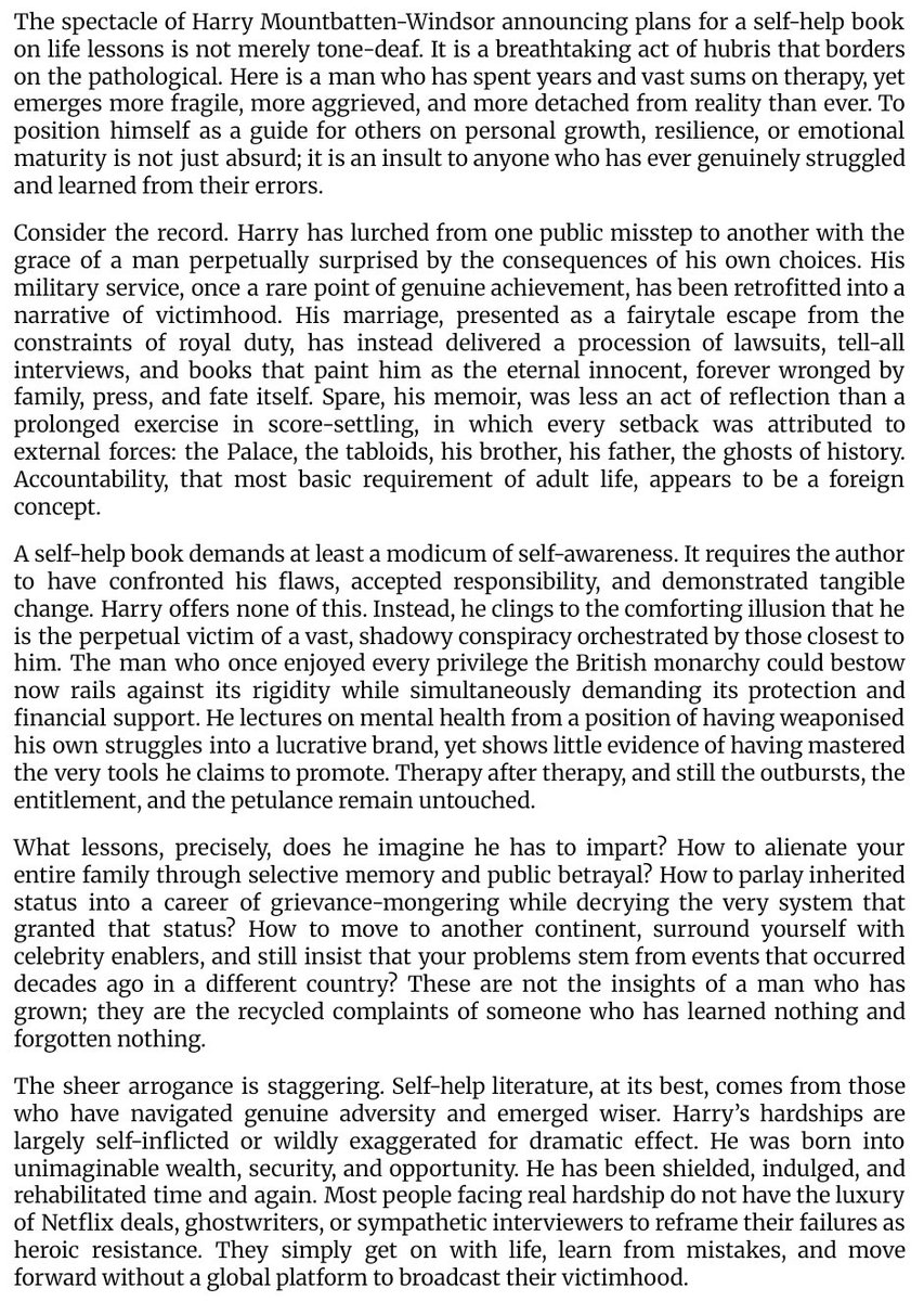 ImpartialEyes's tweet image. #DumbHarry's Delusional Self-Help Ambitions: The Fool Who Would Lecture the World

He lectures on mental health from a position of having weaponised his own struggles into a lucrative brand, yet shows little evidence of having mastered the tools he claims to promote

#UnSussexful