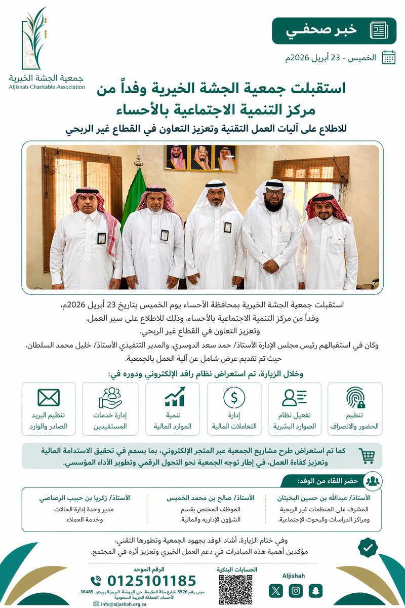 jamjishah's tweet photo. وفد مركز التنمية الاجتماعية بالأحساء يزور جمعية الجشة الخيرية ويطّلع على آليات العمل التقنية ونظام “رافد” في إدارة الموارد البشرية والمالية وخدمات المستفيدين، ضمن جهود تعزيز التحول الرقمي والاستدامة في القطاع غير الربحي 🤝📊

#جمعية_الجشة_الخيرية #الأحساء #القطاع_غير_الربحي https://t.co/r9F247zkIh