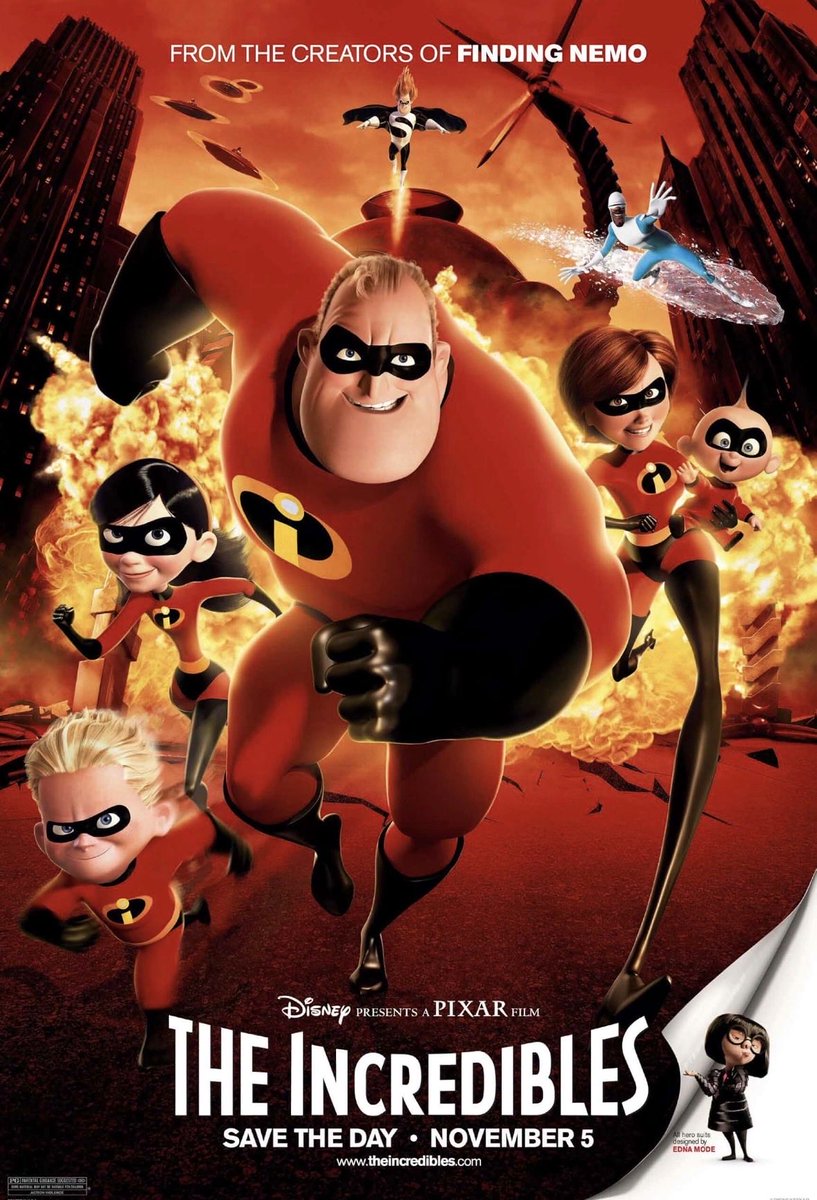 Thoughtsongeoff's tweet photo. The Incredibles (2004): A retired superhero is brought back to work by a mysterious benefactor, in a world where superheroes are now outlawed. Beautifully stylized animation, a great script and tremendous action sequences make this one of Pixar’s best films. Outrageously good. https://t.co/TZKno8MnOT