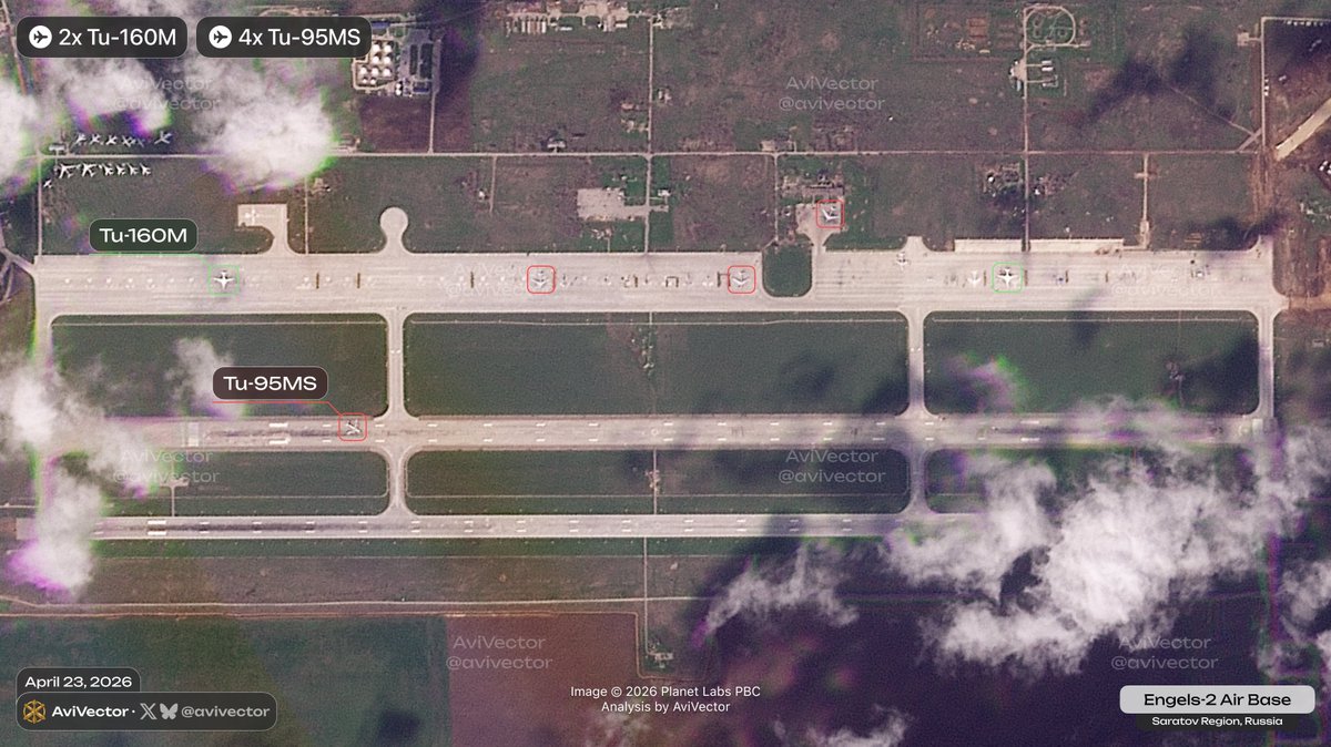 🔻 Satellite images of 🇷🇺 Engels-2 Air Base as of April 23, 08:38 UTC

The air base housed 4 Tu-95MS (Bear-H), and 2 Tu-160M (Blackjack).

In the morning, one Tu-95MS from the Olenya Air Base was redeployed to Engels-2 Air Base.

In the afternoon, one Tu-95MS from the Ukrainka