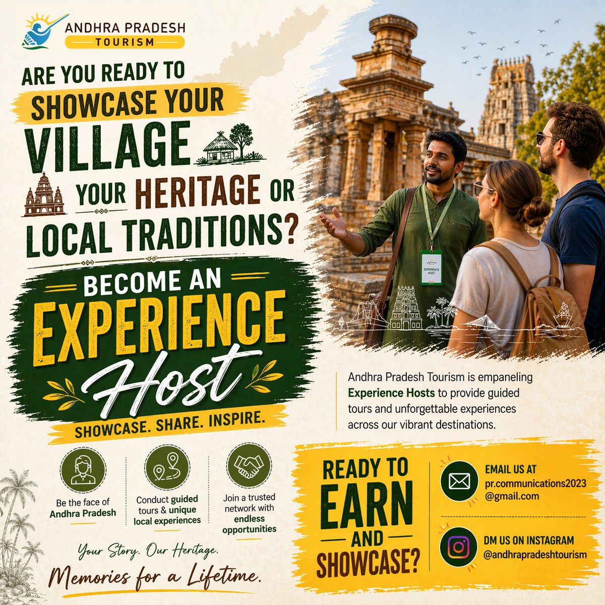 Tourism_AP's tweet image. Want to showcase your village's heritage &amp;amp; local traditions? Become an #ExperienceHost with Andhra Pradesh Tourism! 🏛️

​Share your story, guide travelers &amp;amp; earn.

​Apply now: pr.communications2023@gmail.com
#opportunity #andhrapradesh #tourism 
@ncbn @naralokesh @kanduladurgesh