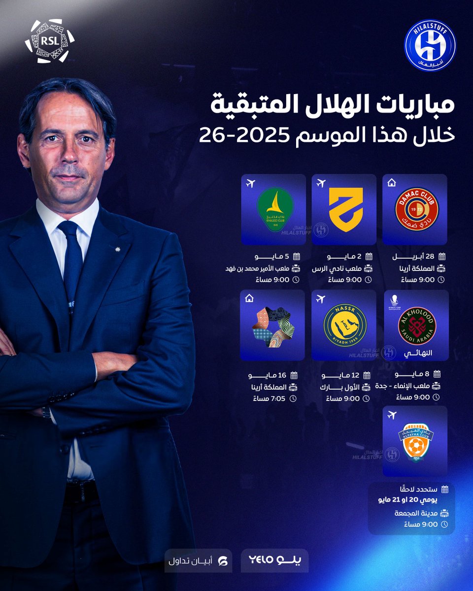🚨🔵 — مباريات الهلال المتبقية خلال هذا الموسم

🏠 ضمك 28 أبريل
✈️ الحزم 2 مايو
✈️ الخليج 5 مايو
🏆 الخلود 8 مايو "نهائي كأس الملك" 
✈️ النصر 12 مايو
🏠 نيوم 16 مايو 
✈️ الفيحاء 20-21 مايو