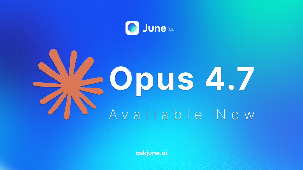 Big one: Claude Opus 4.7 is now available on June.

One of the most capable models on the planet, paired with the privacy standard you already expect from us.

Zero prompt logging, zero training on your data.

What will you build? 🛠️