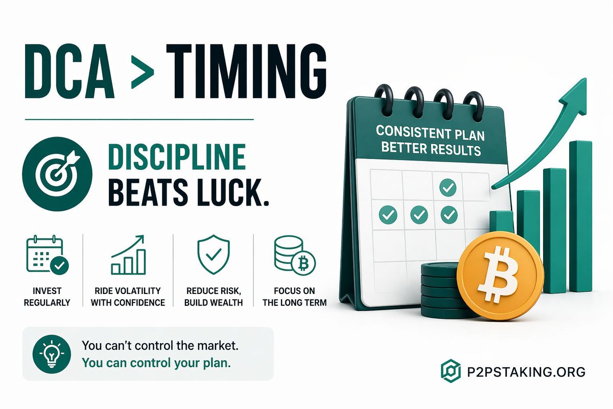P2pStaking's tweet photo. Trying to pick the perfect dip is overrated.

Dollar‑cost averaging (DCA) is about discipline, not prediction. You decide on a fixed amount to invest every week or month, and you stick to it regardless of whether Bitcoin is pumping or dumping. Over time this smooths out volatility and frees you from the anxiety of timing the market.

DCA also teaches you the mechanics: how to fund your account, verify withdrawals, sweep funds into cold storage and repeat — all with small amounts. It’s a muscle you build that pays dividends when the amounts get larger.

Do you DCA or do you prefer lump‑sum buys? Let me know below.

Full guide: https://t.co/4G9IwybW6K
#DCA #Crypto #Investing #Bitcoin