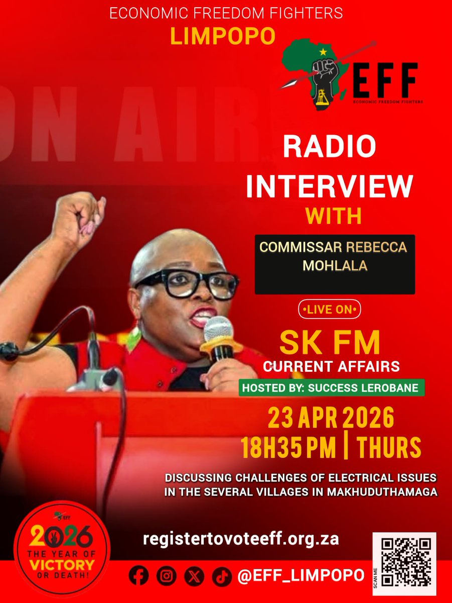 EFF_Limpopo's tweet image. ♦️Tune In♦️

Catch EFF Limpopo Provincial Elections Coordinator Commissar Rebecca Mohlala tonight at Sekhukhune FM 

#registertovoteeff.org.za