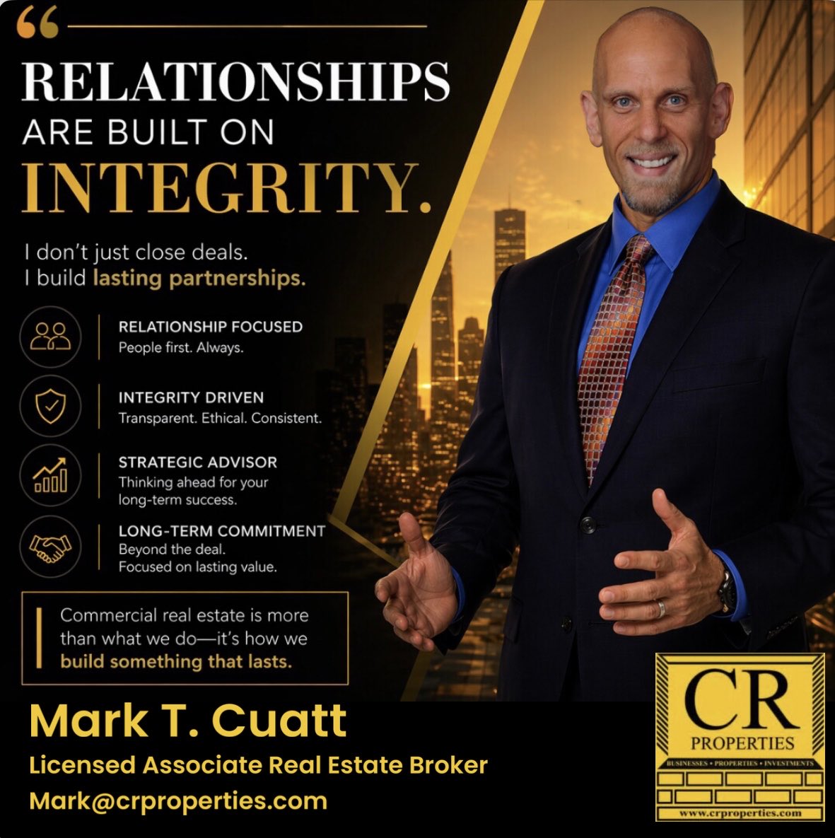 MarkCuatt's tweet photo. In commercial real estate, transactions come and go, relationships however, are what endure.

I’ve come to believe that the most valuable asset I bring to clients isn’t just market insight or deal execution, it’s consistency, integrity, and a relationship.

#CREedge #markcuatt https://t.co/onwUiz3ber