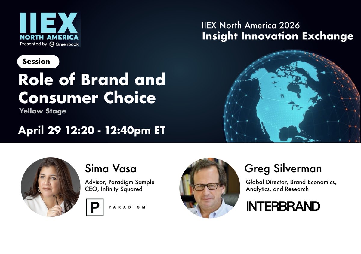 Paradigm_Sample's tweet photo. Role of Brand is coming to IIEX North America!

On April 29th check out the Session “Role of Brand and Consumer Choice” on the Yellow Stage at 10:20am ET. Featuring Sima Vasa(Paradigm Sample) and Greg Silverman(Interbrand)

#roleofbrand #IIEX #brand #MRS https://t.co/9Hbe33ZsKJ