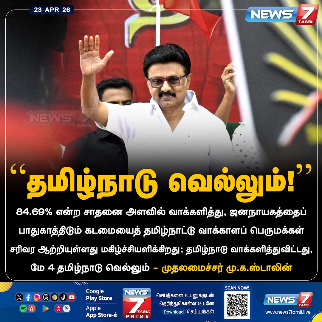 news7tamil's tweet image. “தமிழ்நாடு வெல்லும்!”

#MKStalin | #DMK | #Election | #TNElection | #TamilNews