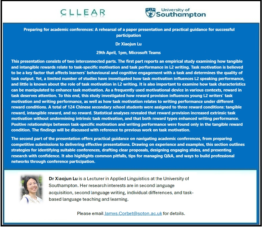 Cllear_LCL's tweet photo. You are invited to our next PGR seminar. Dr Xiaojun Lu will lead the session on preparing for academic conferences

When: Wednesday 29th April / 1pm
Where: Microsoft Teams

Contact us for the link.

@JamesACorbet
@ModernLangs
@UoSDocCollege https://t.co/xN2cskrLLW