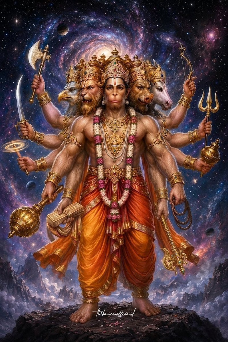kvanaofficial's tweet photo. Panchamukhi Hanuman represents mastery over all directions and elements. He manifested this form to protect Lord Rama and Lakshmana by extinguishing five distinct fire lamps simultaneously to kill the demon king of the underworld, Ahiravana.
#panchmukhihanuman #thekdebofficial https://t.co/EgllIBMymn