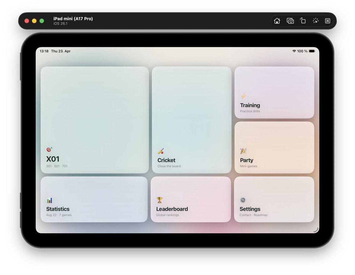 AppsMberndt's tweet photo. The home screen for my soon to be released #darts app has finally evolved! I didn't feel like I could release with the current UI. It didn't feel ready.
#buildinpublic  #darts
How do you like the new tiling? https://t.co/IBGULCJL2Z