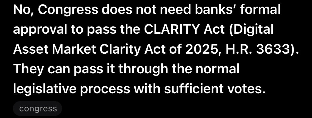 We don’t need the banks approval to pass the CLARITY Act, and I’m sick of people pretending like we do. 

This whole thing is tied straight to the fact that way too many members of congress are bought and paid for by the banking lobby so what are we going to do about that?

Not