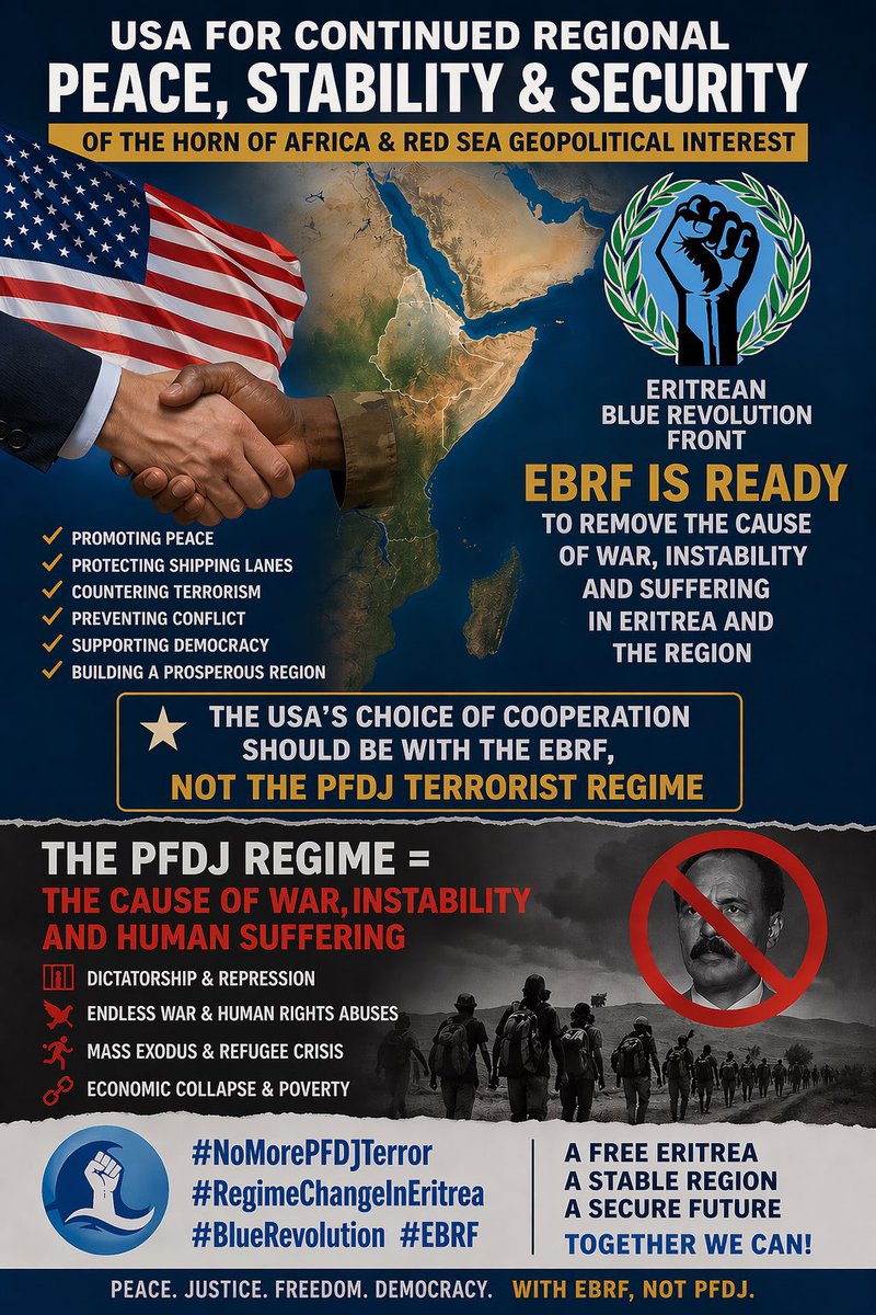 hewan2026's tweet image. #EritreanBlueRevolutionFront rejects Trump talks with dictator Isaias. The autocratic and repressive totalitarianism must fall. 
No deals with tyrannical PFDJ rule. #EBRF #TransnationalRepression #BlueRevolution #RegimeChangeInEritrea #NoMorePFDJTerror @POTUS @BeyeneGerezghe1