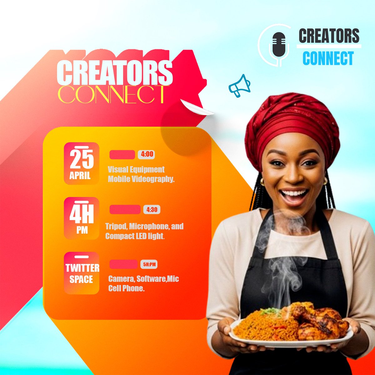 CreatorsC07's tweet photo. 📍Join our community of talents to get the support you need for your career.  

Sat. 25Th April 2026

social media chef and content creator.

𝐓𝐢𝐦𝐞: 𝟒𝐡:𝐏𝐦 

📍 Experience
 💬 Camera
📲  Storytelling
🤳  Lighting
🖥️Recipes
🚀 Accessible techniques https://t.co/r0PaG1BAnj
