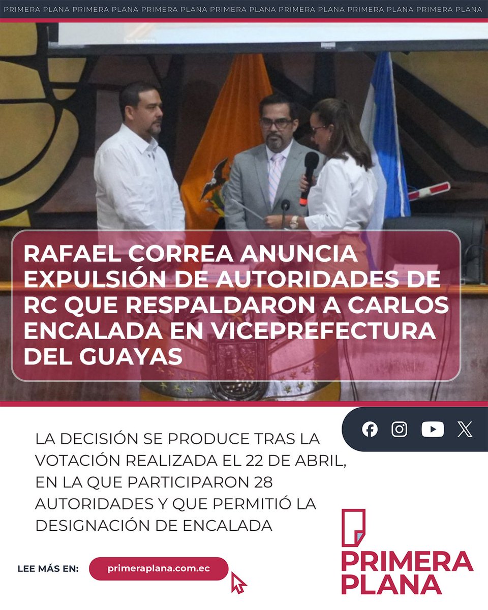 PrimeraPlanaECU's tweet image. 🚨#ATENCIÓN |

El expresidente Rafael Correa anunció que el movimiento Revolución Ciudadana expulsará a las autoridades electas por esa organización que votaron a favor de Carlos Encalada como nuevo viceprefecto del #Guayas.

"Las autoridades de la RC5 que votaron por esta