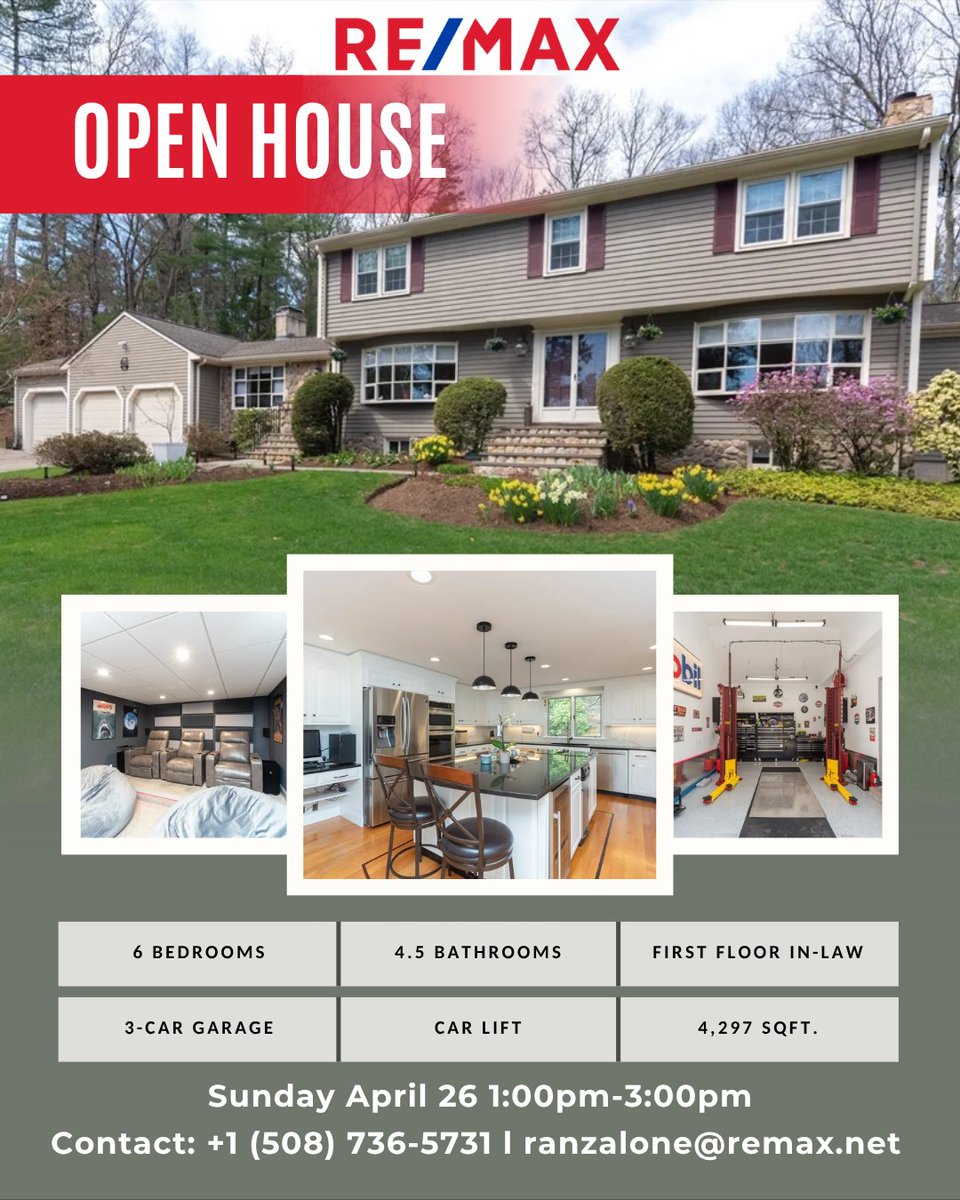 remaxrich's tweet photo. Open House!

Tour this stunning 4,300 SF Colonial on 2+ acres featuring a first-floor in-law suite, luxury kitchen, finished lower level with theater room, and a 3-car garage with car lift.

📍 74 Wayside Inn Rd, Marlborough, MA 01752
📅 Sunday, April 26 | 1–3 PM https://t.co/bbz6Pqcs9s