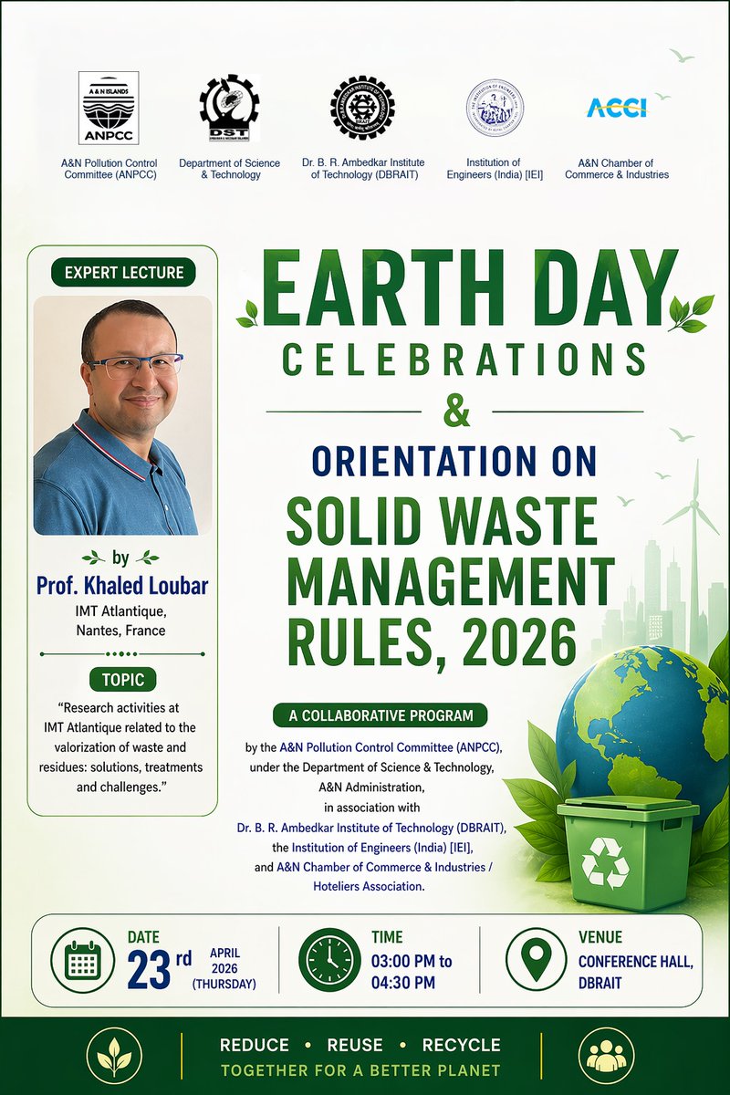 BRAITiians's tweet photo. Prof. Khaled Loubar @IMTAtlantique speaks on waste-to-resource tech at DBRAIT #EarthDay2026 event 🌍  
Chief Guest: Dr. (Prof)Sanmukh Kaur
Org: DST, DBRAIT, IEI  
Big Q&amp;A on island solutions ♻️  
#GreenAandN  #Sustainability @Andaman_Admin @AICTE_INDIA @MediaRN_ANI @SVPMC_ANI https://t.co/szoVvHKzUd