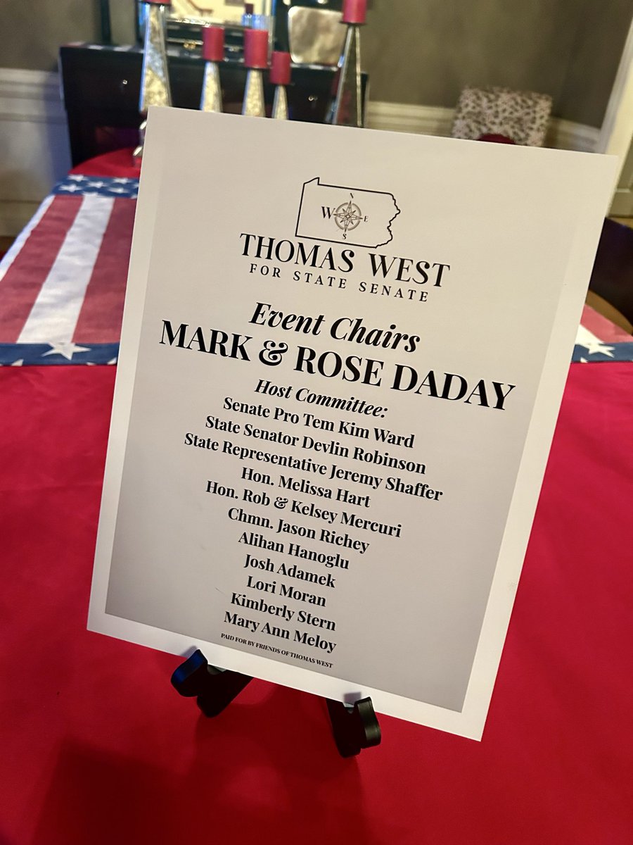 KimSternPA's tweet photo. Great night at the @westforpa cocktail event. 🇺🇸

Huge thanks to Mark &amp; Rose Daday for hosting and bringing so many great people together.  The energy and support behind Thomas is real — momentum is building. ✨

#Stern2026 #ThomasWestforPA https://t.co/p2Y2xwQnvc